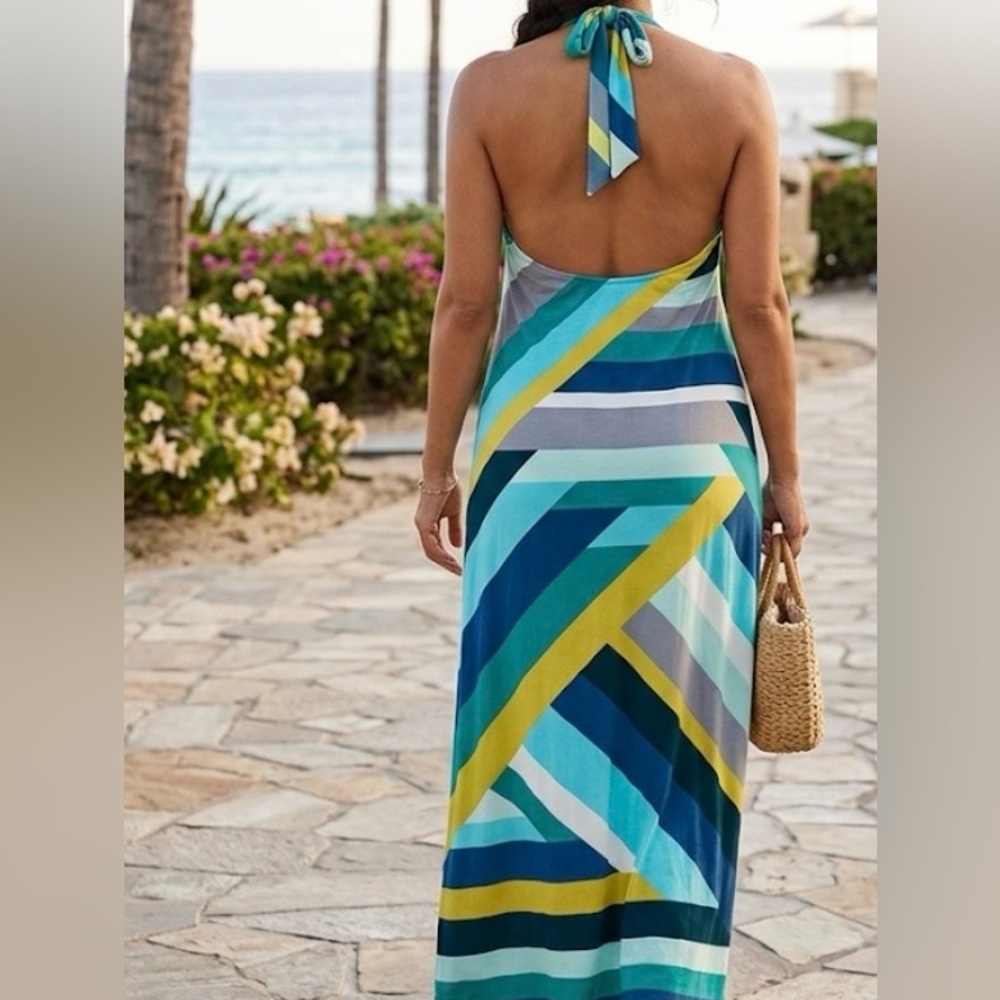 $198 NWT Tommy Bahama Multicolor Striped Halter Maxi Dress